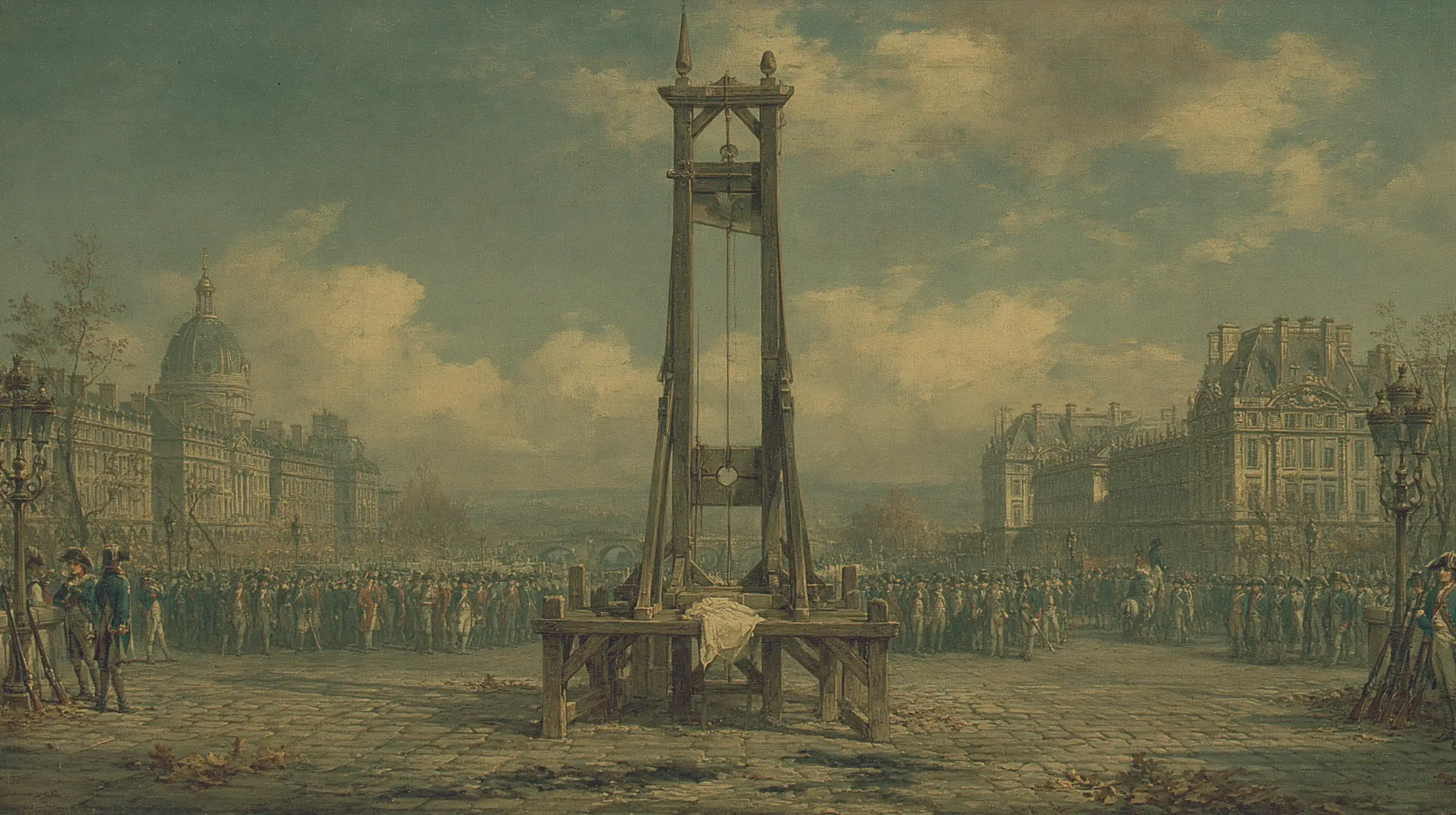 처형 몇 시간 뒤 혁명 광장. 회색 하늘 아래 텅 빈 단두대. 연단 위에 남겨진 한 장의 흰 린넨 손수건, 돌바닥 위로 날리는 가을 잎들, 경계에 무심히 서 있는 국민방위군 몇 명. 멀리 튈르리와 센 강.