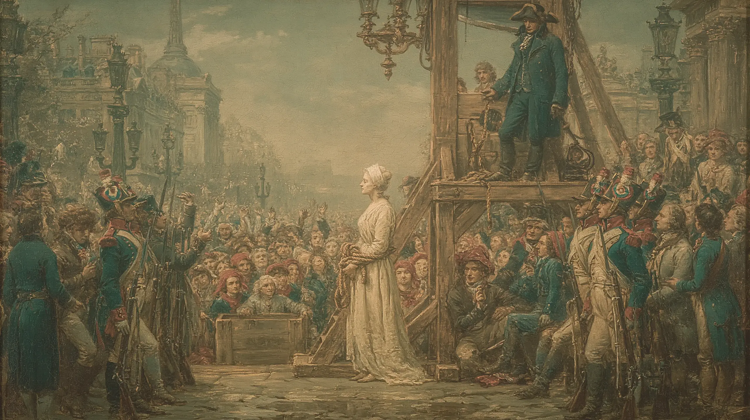 1793년 10월 16일 오전, 혁명 광장. 흰 드레스와 짧게 깎인 흰 머리의 마리 앙투아네트가 수레에서 내려 단두대 계단 앞에 서 있다. 손은 등 뒤로 묶여 있고, 자세는 꼿꼿하다. 뒤로 흐릿한 수천 명의 군중과 국민방위군의 총, 회색 하늘.