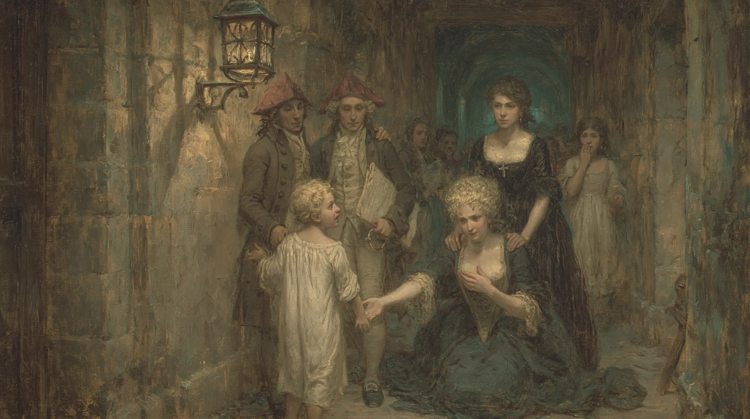 1793년 7월 3일 밤, 탕플 감옥의 좁은 석조 복도. 흰 잠옷 차림의 여덟 살 루이 샤를이 두 혁명 위원에게 끌려가며 어머니를 향해 작은 손을 뻗고 있다. 뒤쪽에는 검은 상복의 마리 앙투아네트가 무릎 꿇은 채 아이를 향해 손을 뻗고, 엘리자베트 공주가 그녀를 부축하고 있다. 단 한 개의 등불이 만드는 그림자.