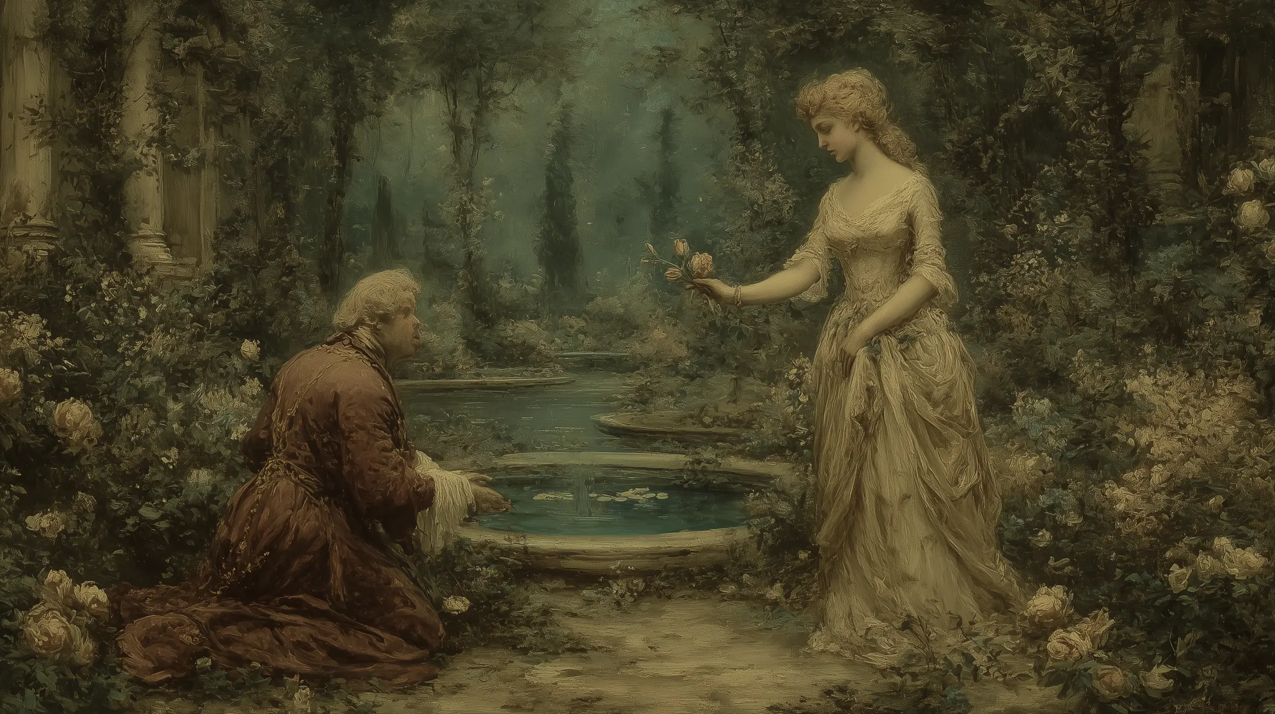 1784년 8월 베르사유 베누스의 숲, 달빛 아래. 붉은 성직복의 로앙 추기경이 한쪽 무릎을 꿇고, 얼굴이 그림자와 부채에 가려진 흰 드레스의 여자로부터 장미 한 송이를 받는다. 미스트가 낮게 깔린 신비로운 분위기.