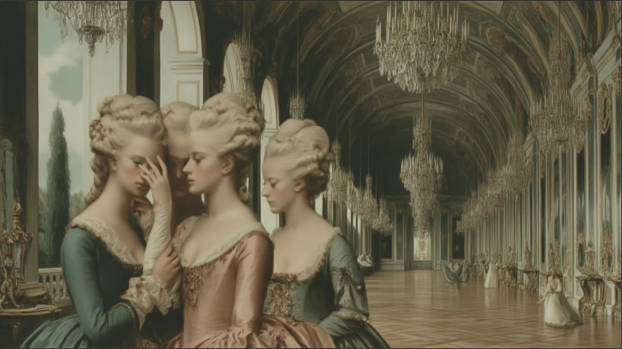 베르사유의 대 복도, 오후. 몇몇 귀족들이 기둥 뒤에서 소곤거리며 이야기한다. 여성 세 명, 남성 두 명. 약간 찡그린 표정, 냉소적 눈. 멀리 프레임 끝에 마리 앙투아네트의 작은 뒷모습 — 그녀는 이들이 무엇을 말하는지 모른다. 금박 벽, 차가운 햇빛.