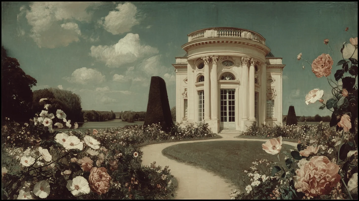 프티 트리아농의 외관, 봄의 오후. 흰 벽의 작은 신고전주의 저택, 잔디와 꽃. 한가하고 조용한 분위기. 거대한 베르사유와 대비되는 작고 아늑한 공간. 멀리 우뚝 솟은 베르사유 본궁의 지붕이 보인다.