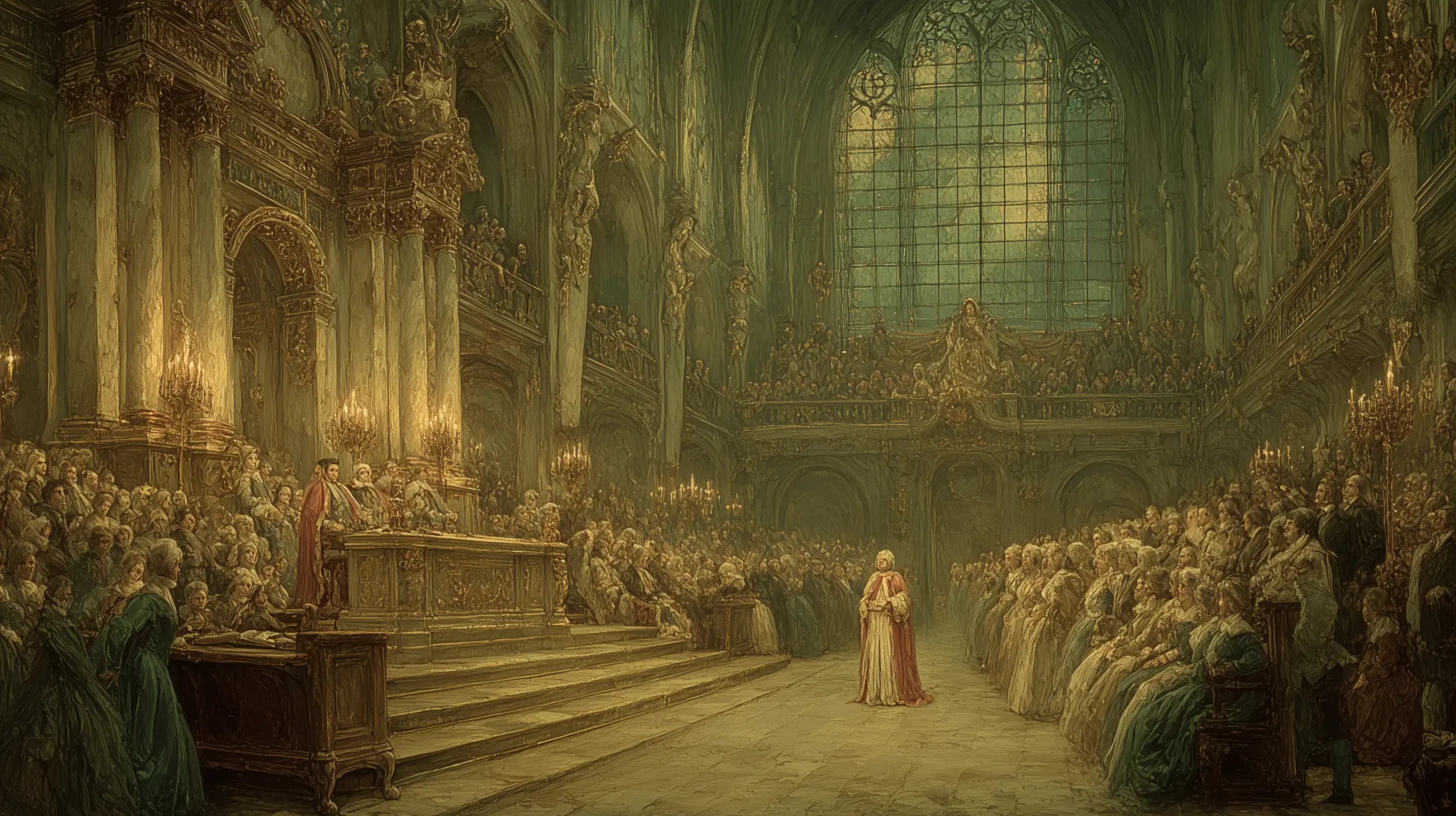 1786년 5월 파리 파를망의 판결 선고 장면. 법관들이 단상에 앉아 있고, 붉은 성직복의 로앙이 경비와 함께 서 있다. 방청석은 흥분한 귀족들로 가득하다. 왕비는 출석하지 않았다.