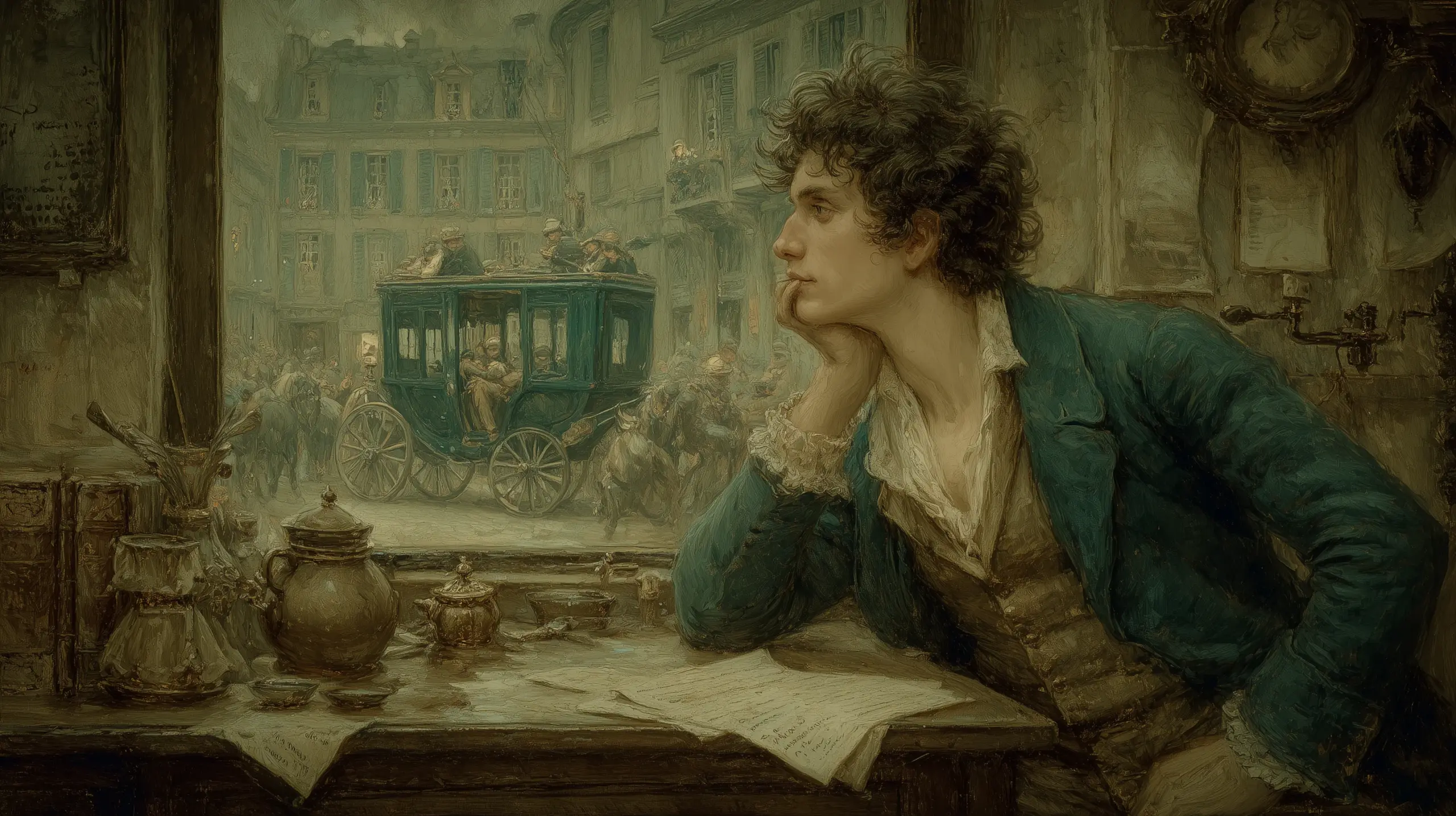 1791년 6월 21일 저녁 Sainte-Menehould 역참 실내. 드루에가 창가에서 한 손에 아시냐 지폐를, 다른 손에 마차의 말 임대 기록을 들고 있다. 그의 시선은 창밖의 녹색 베를린 마차와 손안의 루이 16세 초상 사이를 오간다. 서쪽 햇살이 지폐를 비춘다.