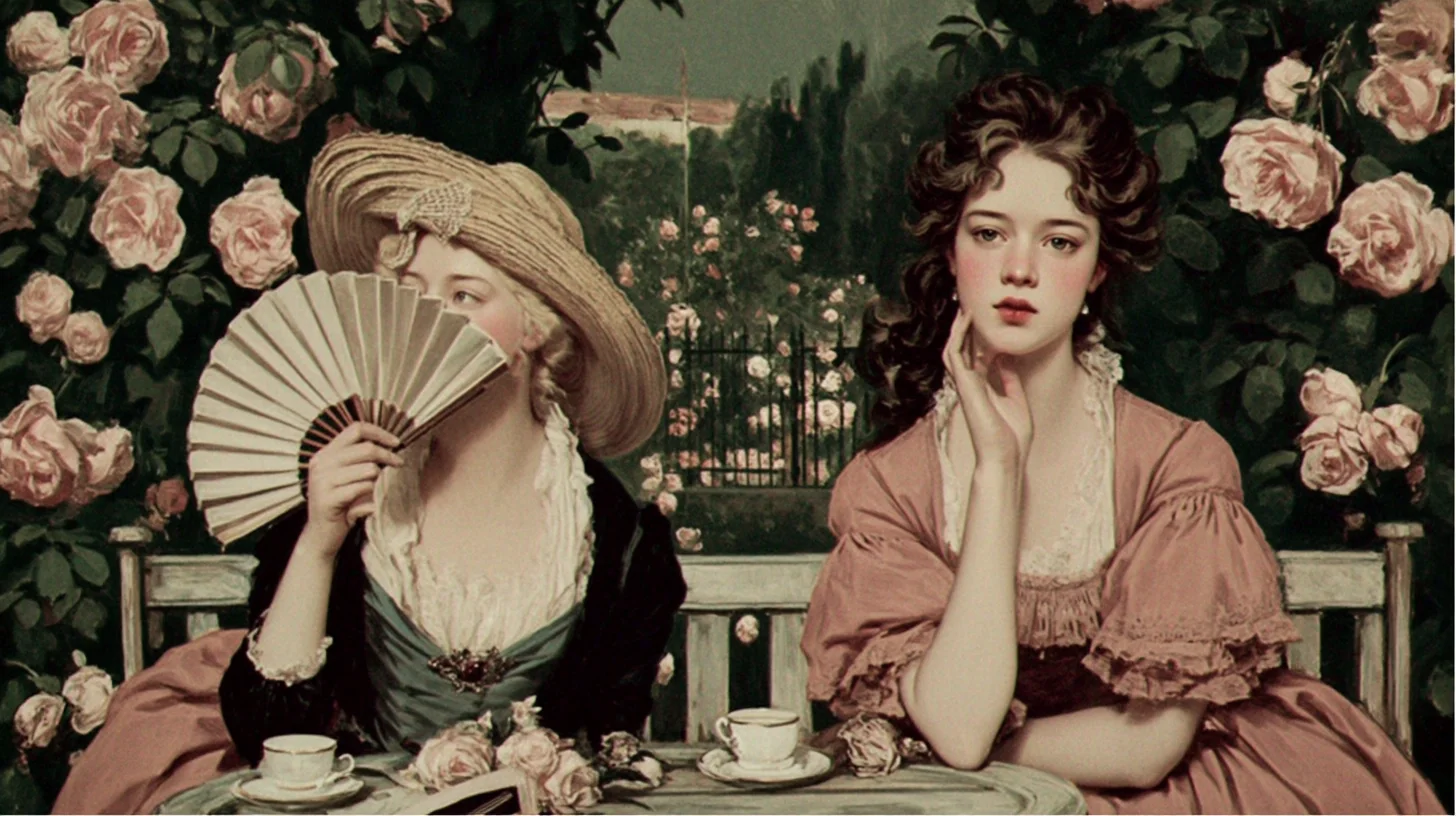 프티 트리아농의 정원, 오후. 마리 앙투아네트와 폴리냑 백작부인(20대 후반, 아름답고 우아한 다크브루넷)이 작은 대리석 의자에 앉아 차를 마시며 이야기한다. 친밀한 두 여자의 대화. 아이들이 뒤에서 놀고 있다. 부드러운 햇살, 장미, 책 한 권. 평온함 속에 희미한 불안.
