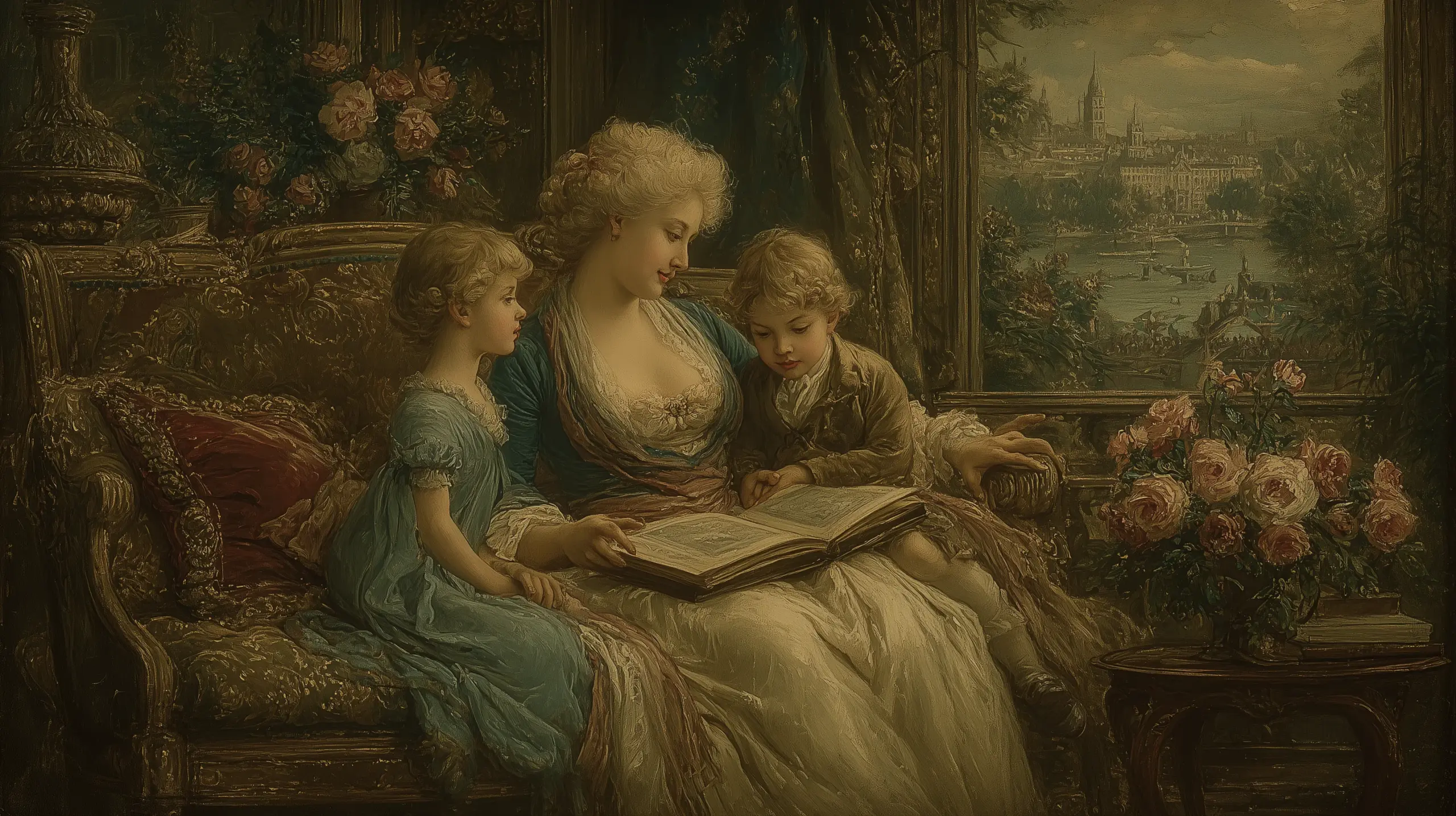1787년 베르사유 프티 트리아농 응접실. 흰 모슬린 드레스의 마리 앙투아네트가 두 아이 — 여덟 살 딸과 여섯 살 아들 — 에게 책을 읽어주고 있다. 따뜻한 오후의 햇살, 핑크빛 소파, 꽃병. 창밖으로 회색 하늘 아래 파리 시내의 희미한 실루엣이 보인다.