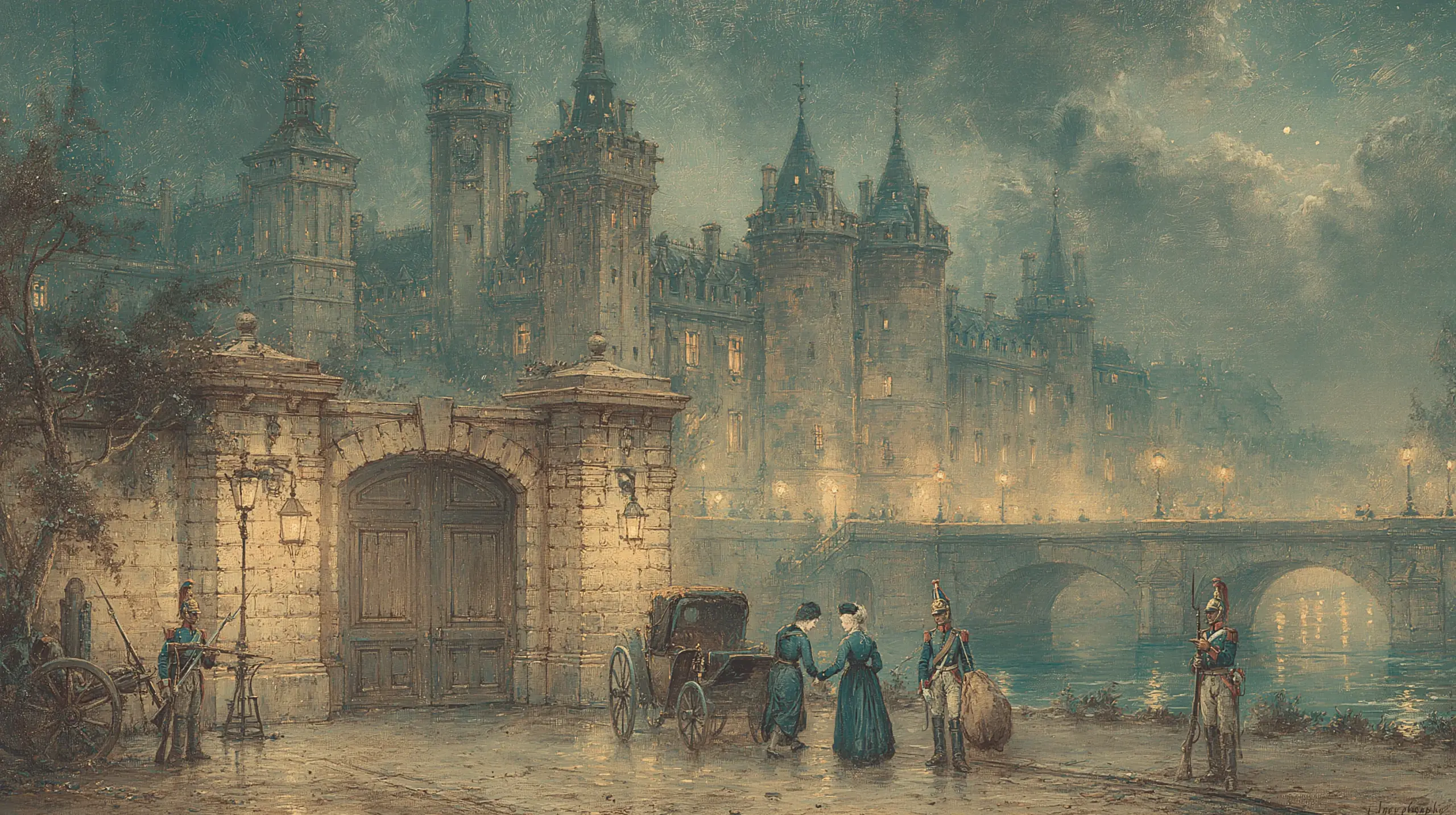 1793년 8월 2일 새벽, 시테섬 콩시에르주리의 석조 문 앞. 어두운 마차에서 내린 검은 상복의 마리 앙투아네트가 헌병의 호송을 받으며 감옥 문으로 걸어 들어가고 있다. 고딕 양식의 거대한 석조 탑들이 새벽 하늘을 배경으로 솟아 있고, 센 강에 안개가 깔려 있다.