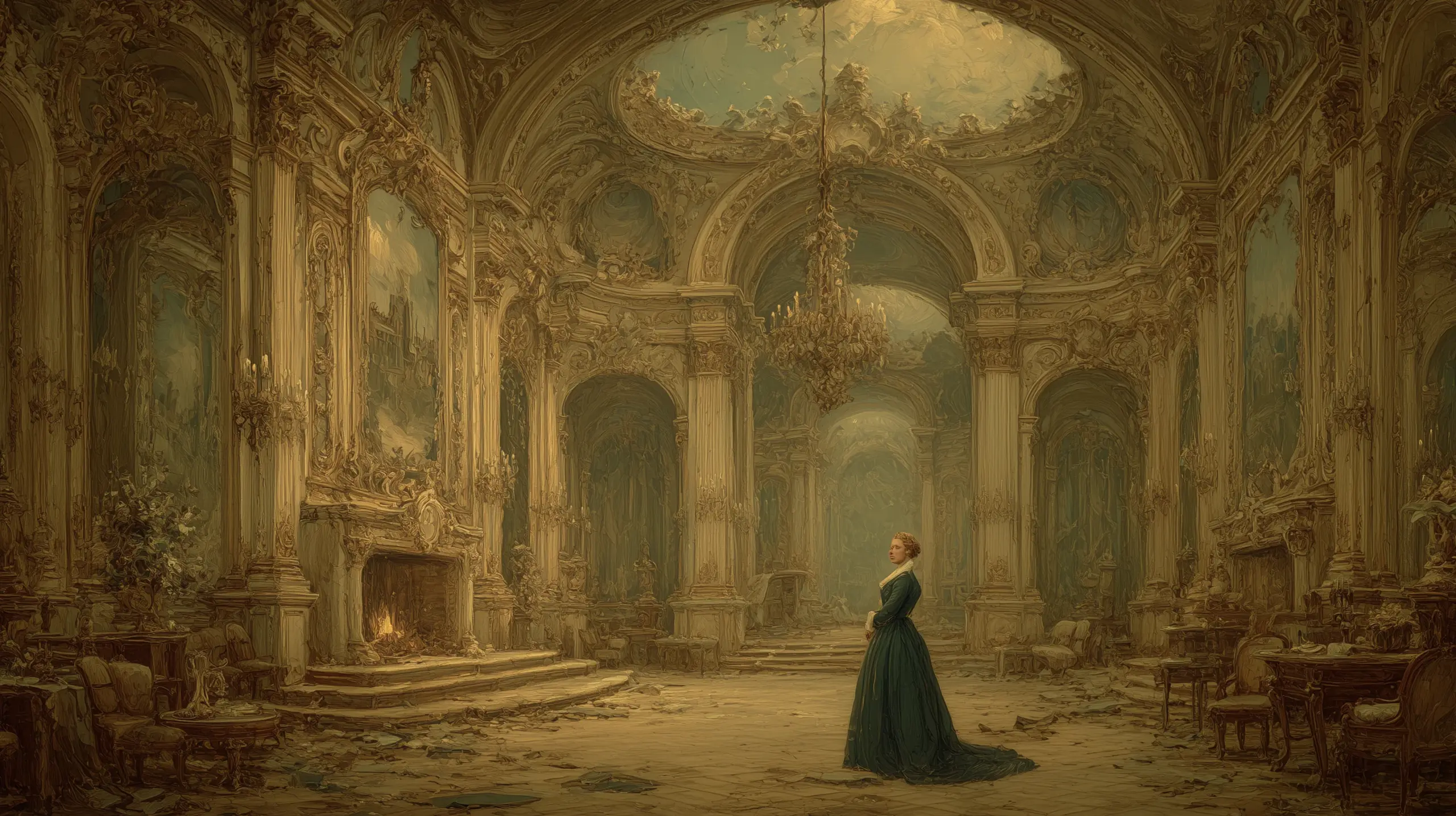 튈르리 궁의 거대한 응접실, 1790년 겨울. 다크블루 실크 드레스 차림의 마리 앙투아네트가 혼자 서 있다. 손에는 밀랍으로 봉인된 편지 한 통. 먼지 쌓인 마루, 낡은 금박 거울, 벽에 밀려난 가구들. 창밖으로 회색 파리의 지붕들.