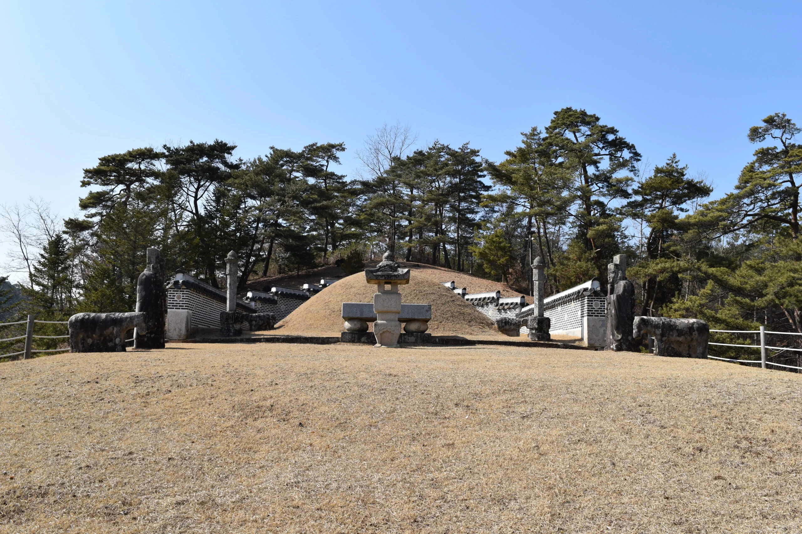 강원도 영월 장릉 전경. 단종의 왕릉으로 잔디가 덮인 봉분과 망주석·문인석 등 석물이 줄지어 서 있다. 소나무 숲으로 둘러싸인 산 중턱에 위치하며 멀리 동강이 내려다보인다.