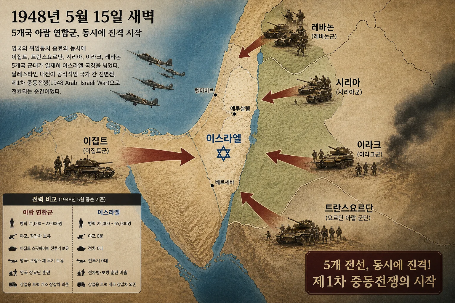 1948년 5월 15일 5개국 아랍 연합군의 동시 침공 경로와 전력 비교를 나타낸 인포그래픽 지도.
