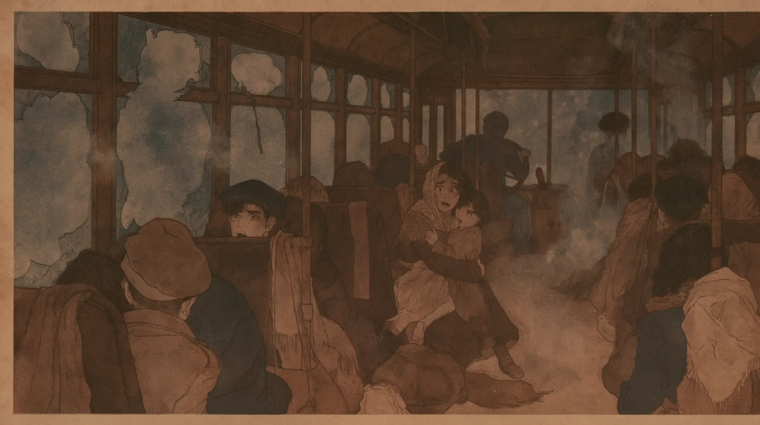 총탄 흔적이 난 버스 안에서 승객들이 몸을 낮춘 채 공포에 휩싸여 있는 1947년 팔레스타인의 모습.