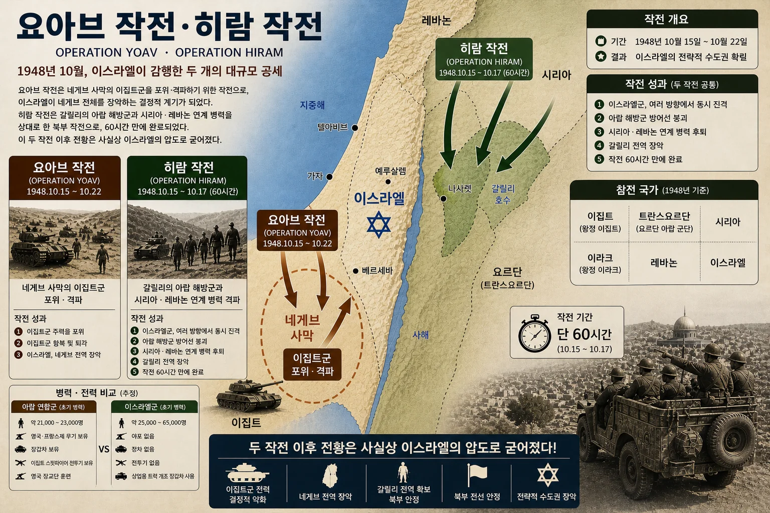 1948년 10월 이스라엘이 감행한 요아브 작전과 히람 작전의 경로·전과·교전국을 정리한 인포그래픽.