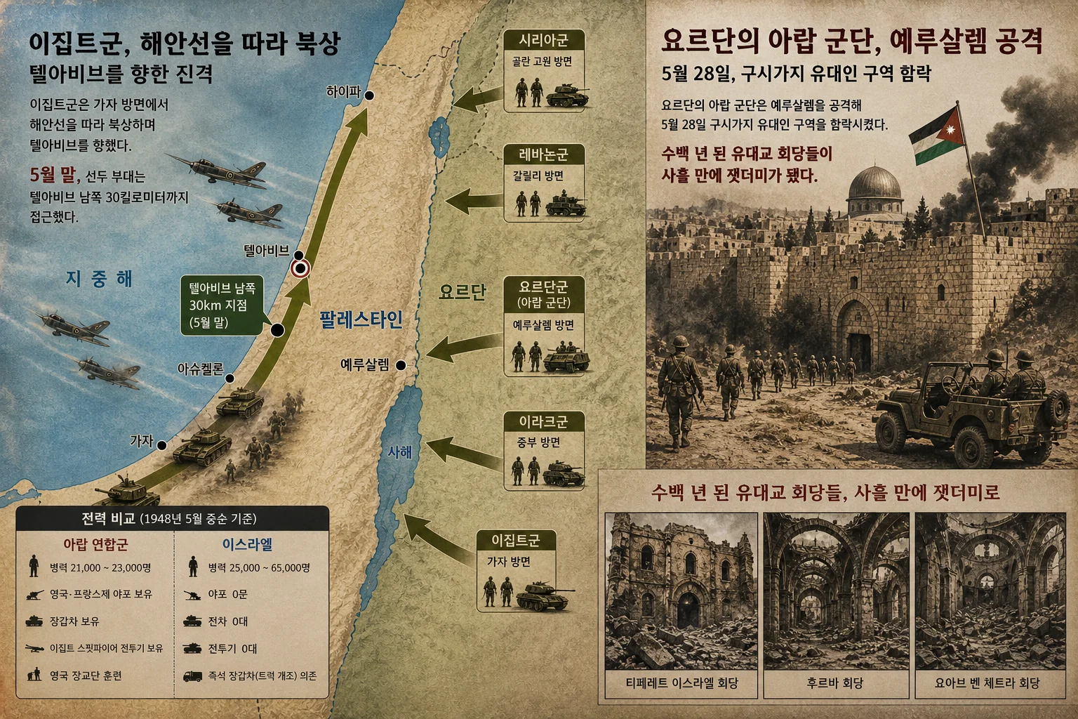 1948년 5월 이집트군의 해안 북상 경로와 요르단 아랍 군단의 예루살렘 공격, 함락된 유대교 회당 사진을 담은 인포그래픽.