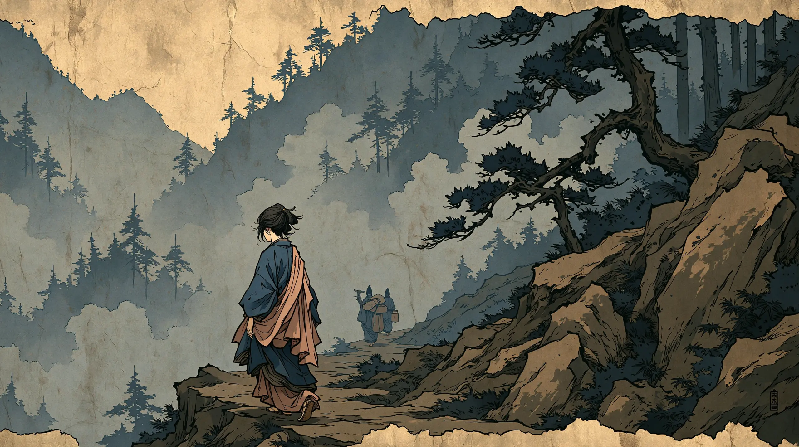산길에서 젊은 여성이 등을 돌린 채 걸어가고, 뒤편에서 수행원들이 짐을 지고 따른다. 짙은 숲과 기암이 길을 감싼다.