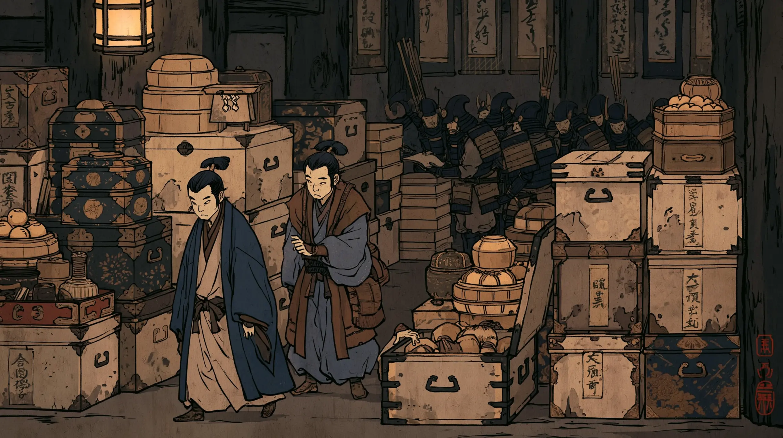 상자와 다기, 문서가 가득 쌓인 성의 창고 안. 관리와 병사들이 물건을 옮기며 정리하고 있다.
