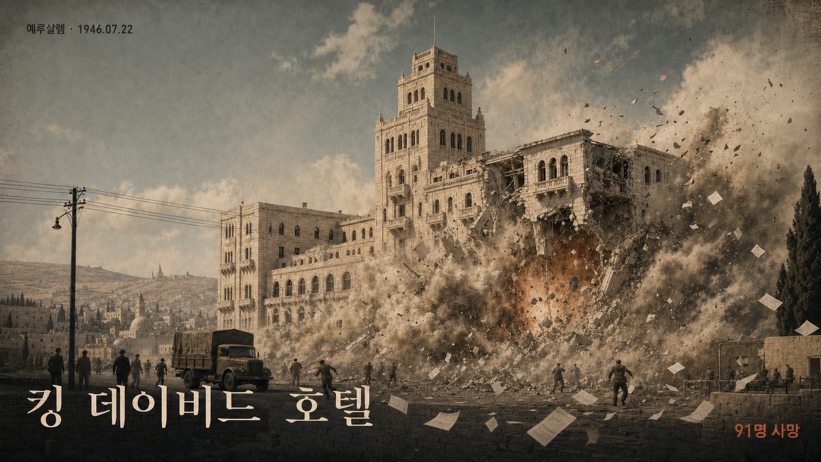 1946년 폭탄 공격으로 여러 층이 무너져 내린 예루살렘 킹 데이비드 호텔 건물의 모습.