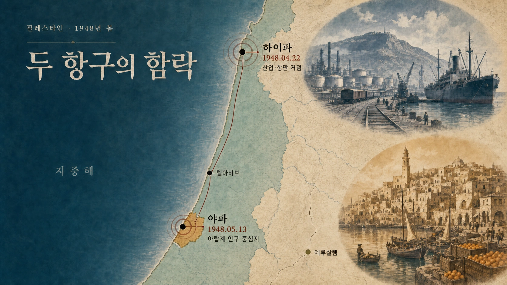 1948년 4~5월 하이파와 야파 두 항구 도시의 함락 경로와 시점을 나타낸 지도.