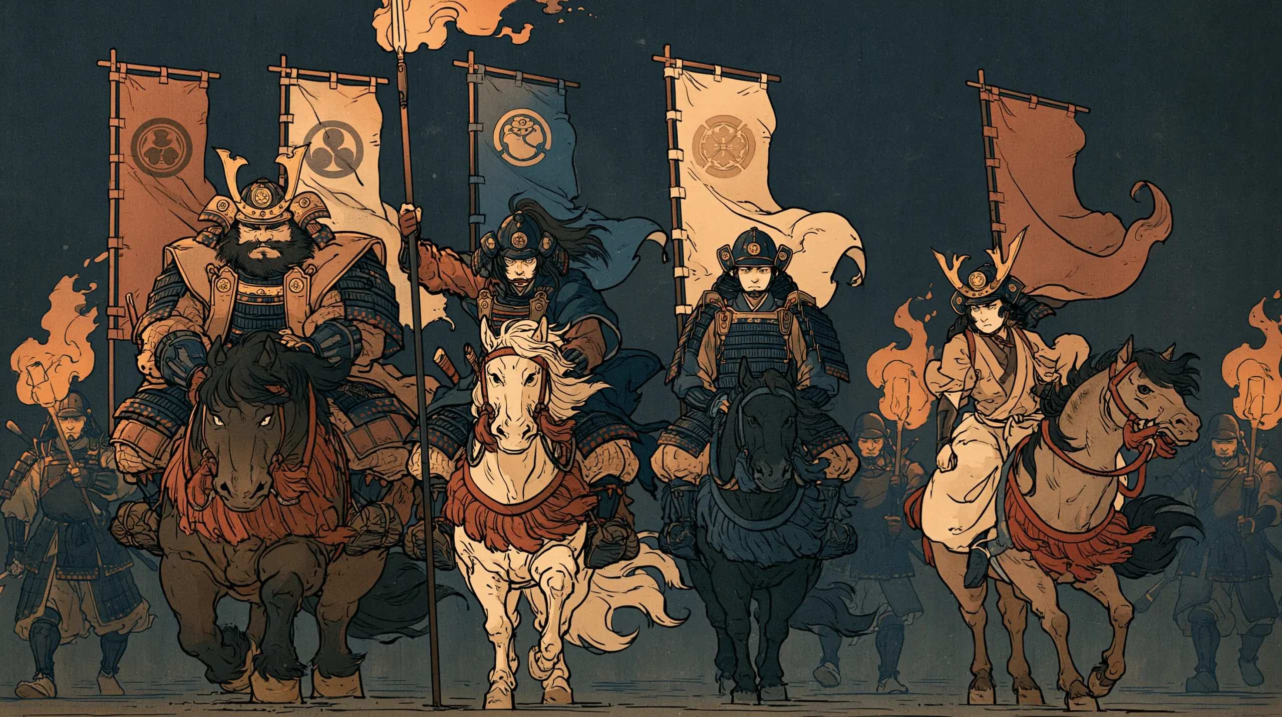 16세기 일본 밤의 행군. 횃불 아래 네 명의 사무라이가 한 대형으로 말을 달려 화면 쪽으로 다가온다. 왼쪽 첫째는 무거운 북방 갑옷의 베테랑, 둘째는 길쭉한 창을 든 유연한 기수, 셋째는 단정하고 차분한 자세, 넷째는 작고 활달한 체격에 검소한 갑옷. 뒤로 네 가문의 깃발이 바람에 기울어 있다.