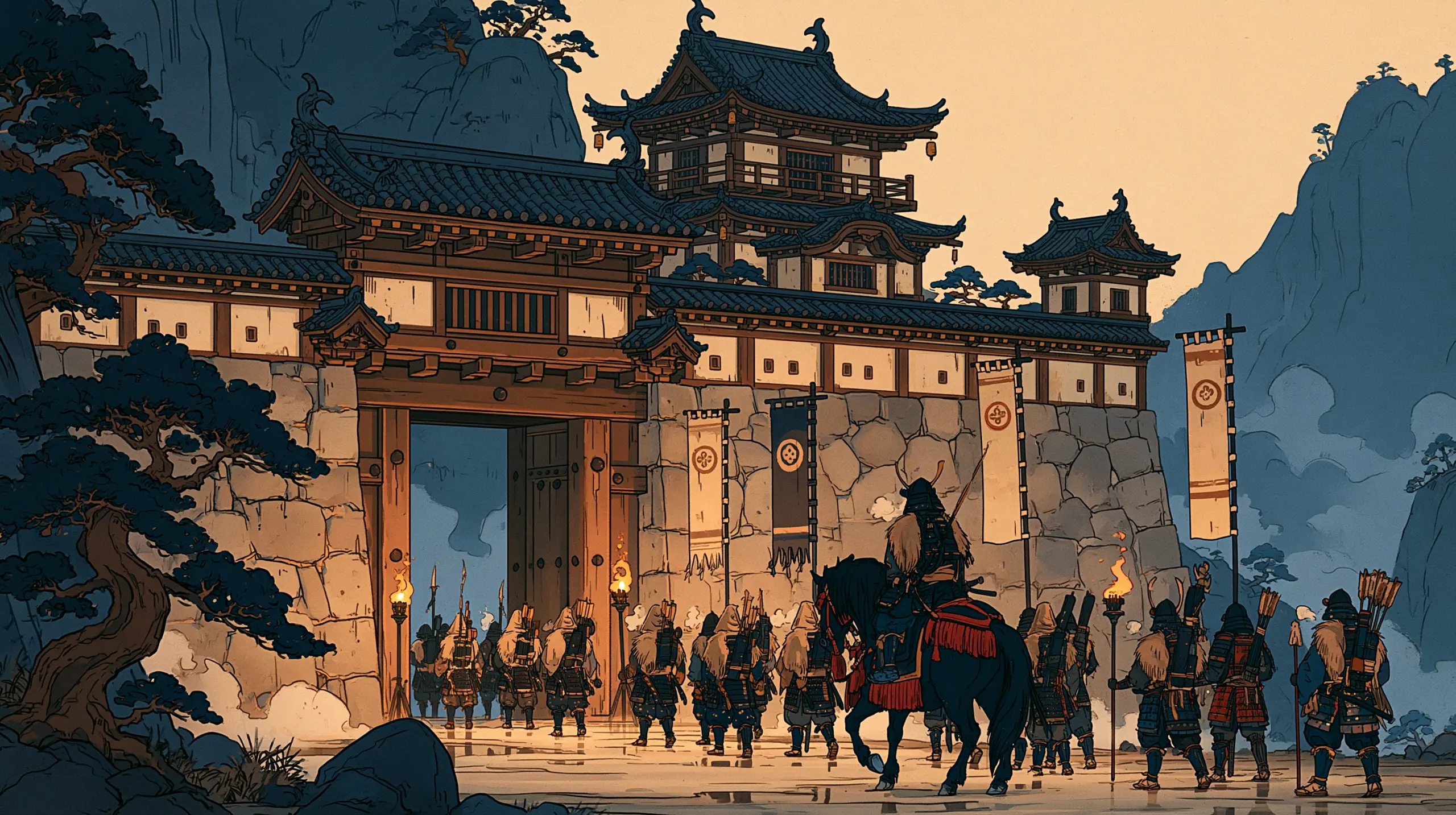16세기 일본 산성 새벽. 안개 속에서 작은 행렬이 성문을 빠져나온다. 인물들의 뒷모습과 어깨, 짚 망토와 투구의 그림자만 보이고 얼굴은 식별되지 않는다. 횃불, 젖은 돌, 입김.