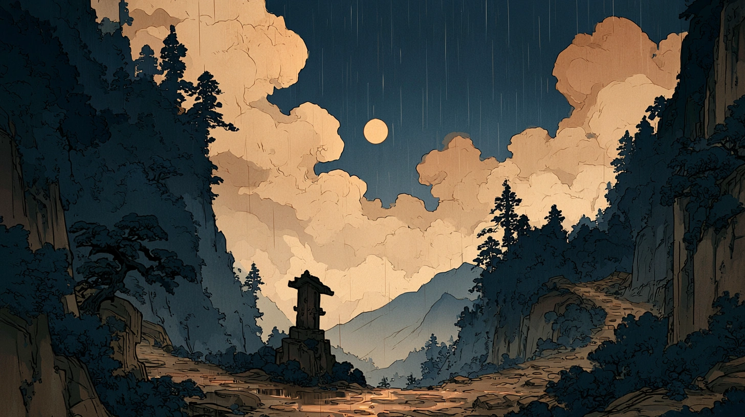 깊은 밤의 일본 산 고개. 두 갈래 길이 갈라진 분기점. 비 그친 후 젖은 돌, 멀리 능선의 윤곽, 분기점에 낡은 석표. 인적 없음.