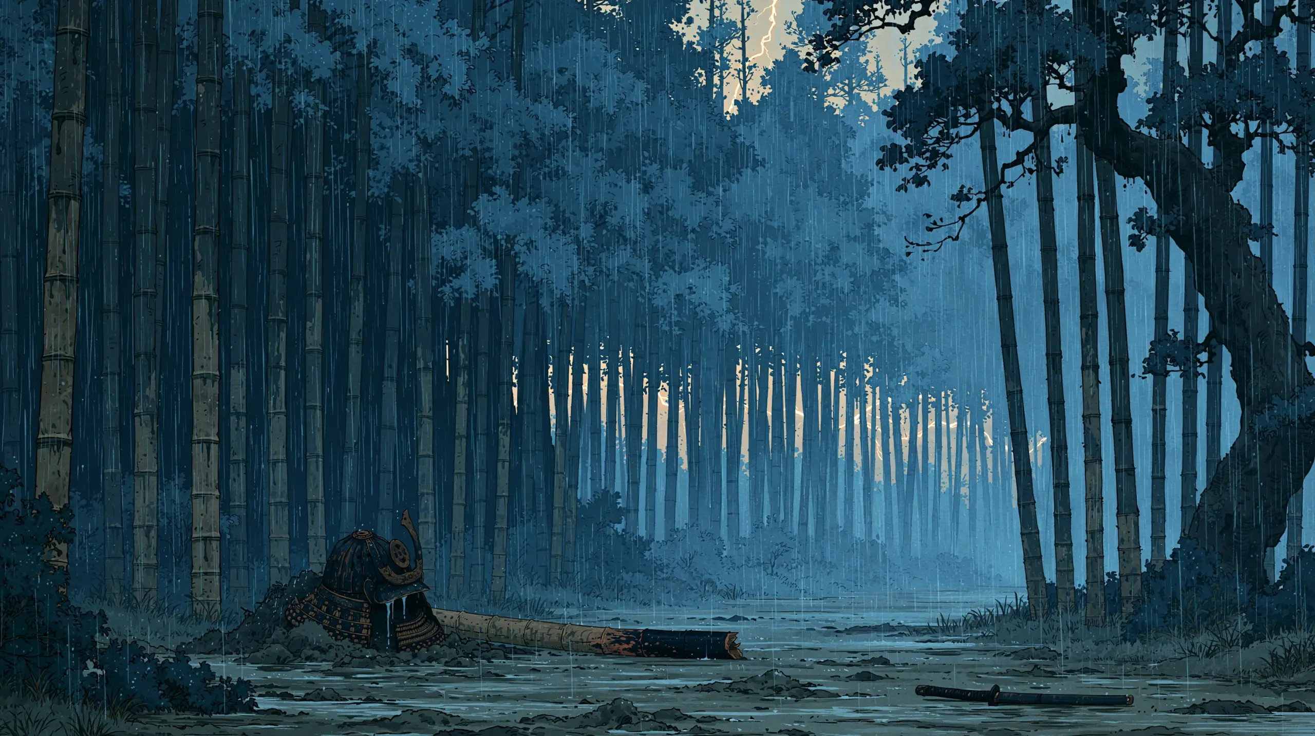 비 오는 밤의 시골길 옆 대나무 숲. 진흙에 반쯤 묻힌 사무라이 투구, 그 옆에 부러진 대나무 한 자루, 멀리 버려진 칼집. 사람은 없다. 사건 직후의 빈 공간.