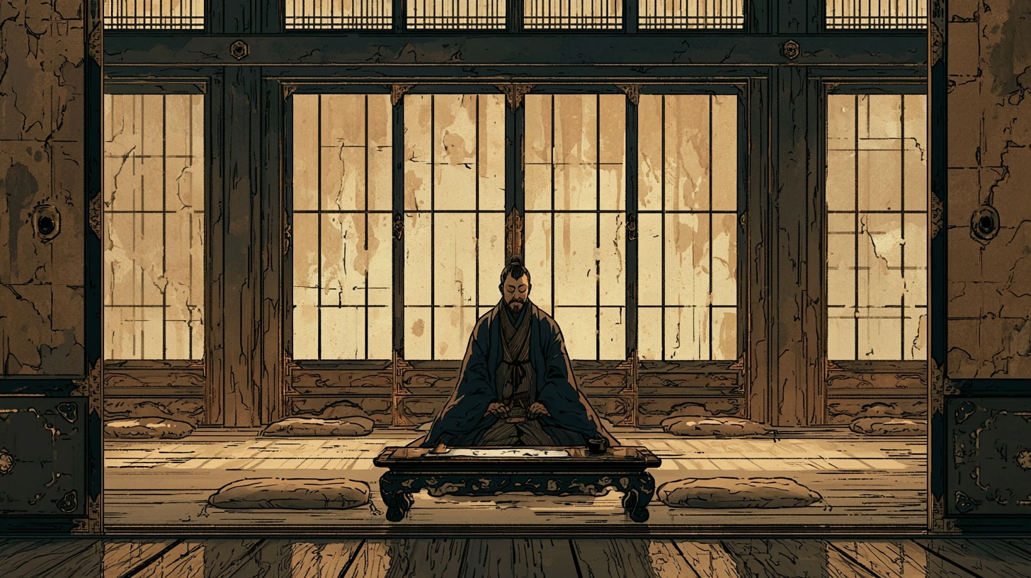 교토 어소의 넓은 대기실. 정좌한 미쓰히데 한 사람만 등을 보이고 앉아 있다. 앞쪽 옻칠 단상에 갓 쓴 서신과 벼루. 햇살이 장지문 너머로 사선으로 든다.