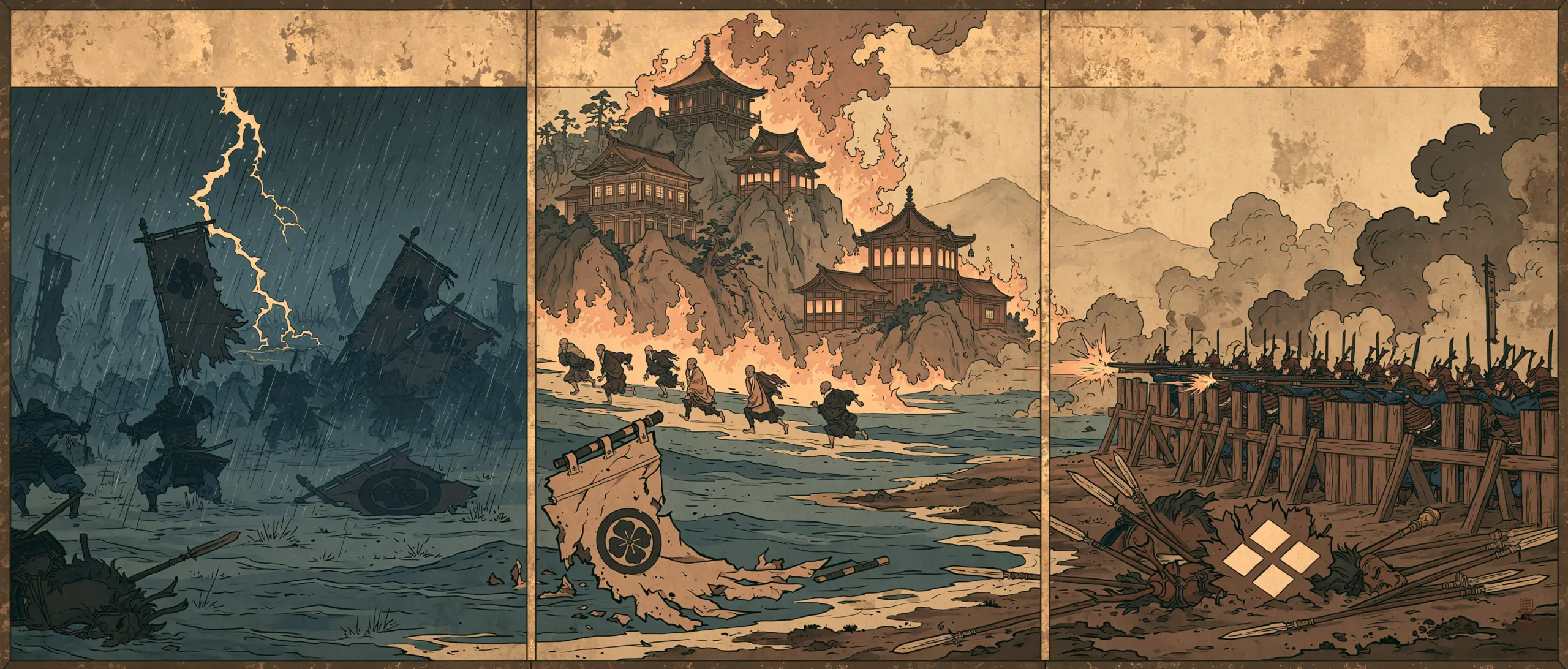 전국시대의 주요 전투와 정복을 세 장면으로 구성한 일본 병풍풍 삽화. 기마 무사, 성곽, 행군하는 군대가 한 화면에 이어진다.