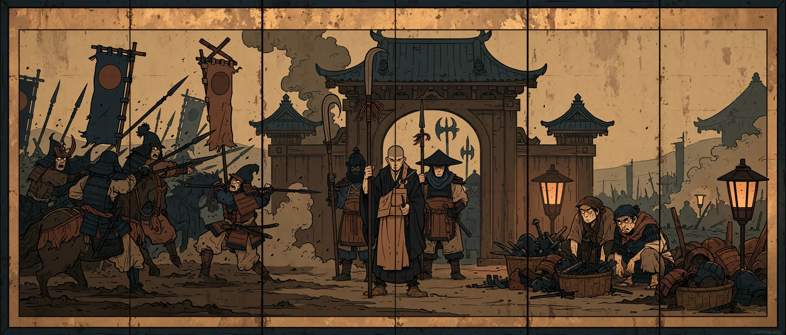 전국시대를 그린 3폭 병풍 구도의 삽화. 왼쪽 폭에는 두 다이묘 군대가 진흙탕 벌판에서 충돌한다 — 교차하는 깃발, 창을 든 기마 무사들의 격렬한 움직임. 가운데 폭에는 무장한 승병들이 요새화된 사찰 문 앞을 지키고 서 있다 — 나기나타를 든 승려들, 뒤로 사찰 지붕과 피어오르는 향 연기. 오른쪽 폭에는 전투가 지나간 자리에서 상인들이 등불 아래 웅크려 버려진 갑옷과 무기를 바구니에 골라 담고 있다. 세 장면은 얇은 금박 테두리로 나뉘어 한 폭의 병풍처럼 이어진다.