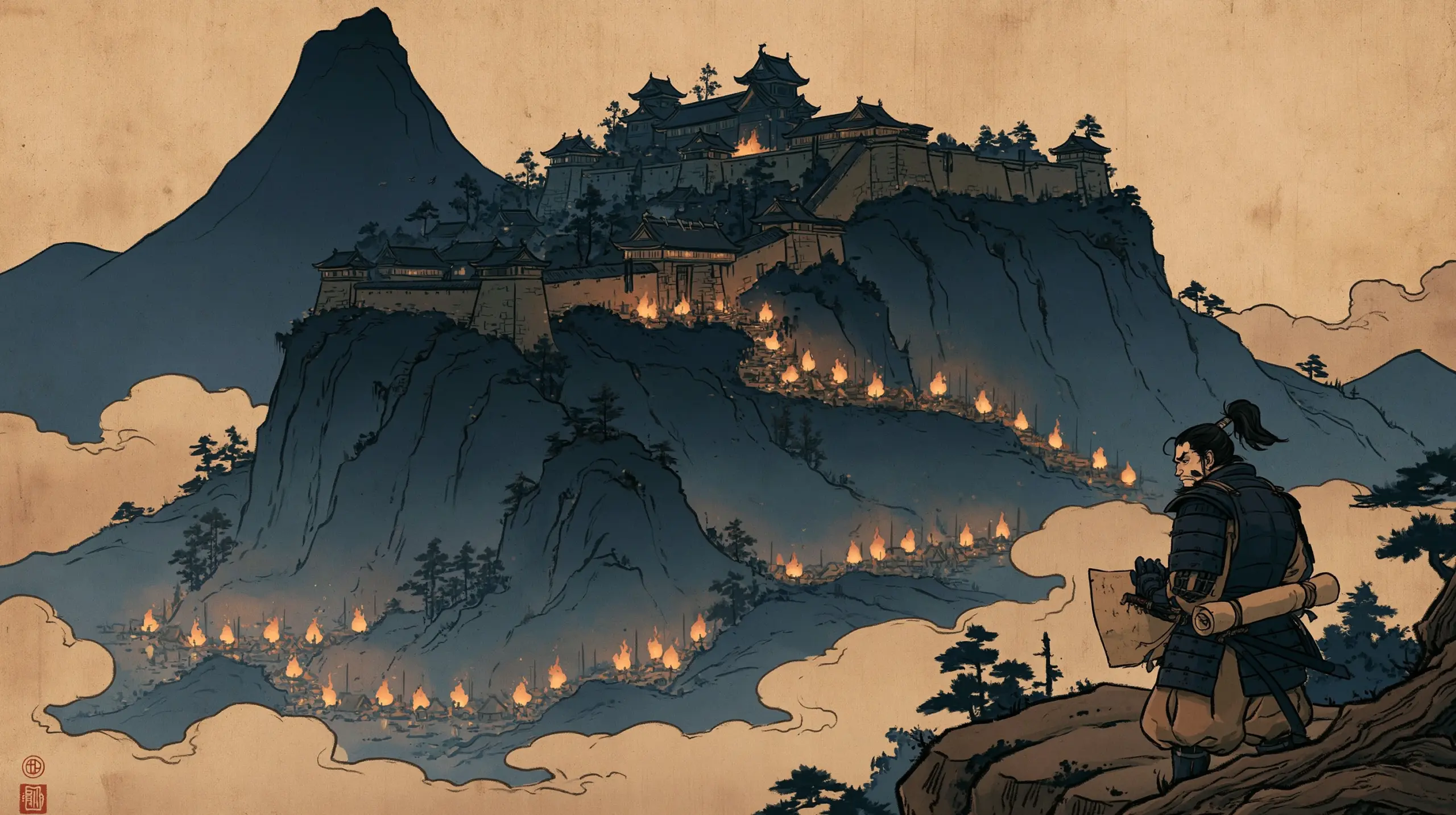 밤의 단바 산악 지대에 세워진 일본 성곽. 산기슭과 능선에 횃불을 든 병사들이 흩어져 있고 성문 위로 긴장감이 감돈다.