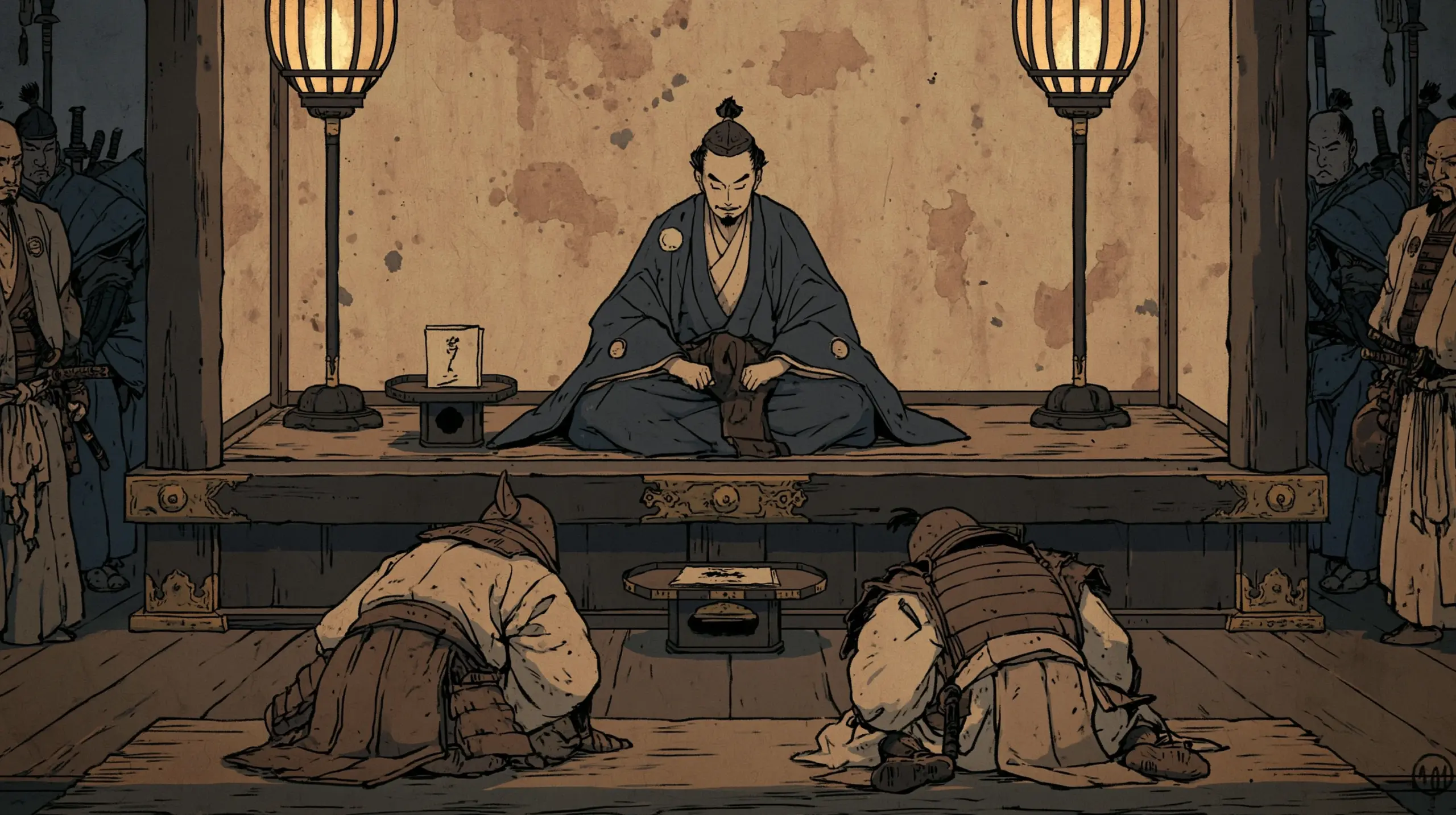 정식 접견실에서 노부나가가 단상에 앉아 있고, 무장한 병사들 사이에 하타노 형제가 끌려와 있다.