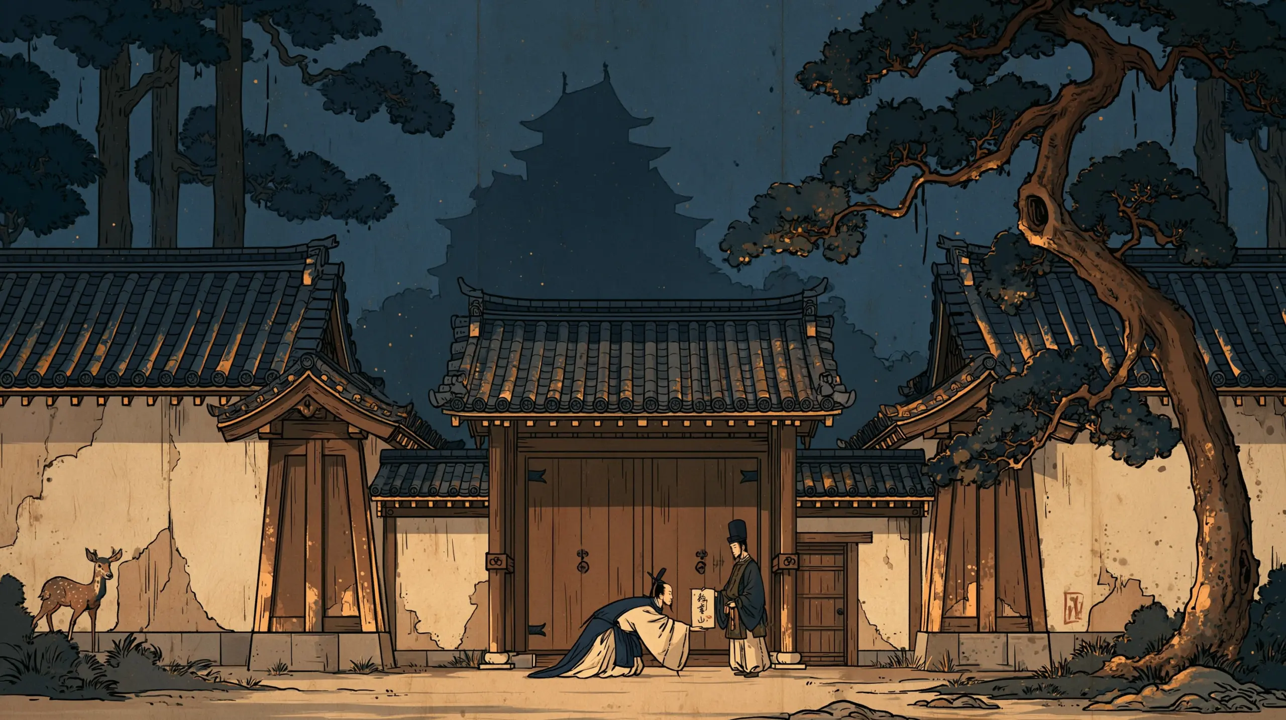 해 질 녘 교토 황궁의 문과 담장. 궁정의 건물 앞에 긴장한 사자와 무사들이 서 있고, 멀리 어두운 하늘이 보인다.