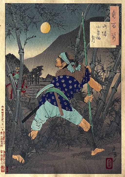쓰키오카 요시토시의 19세기 목판화. 달빛 아래 오구루스의 숲을 배경으로 무장한 아케치 미쓰히데가 말 위에 있는 장면.
